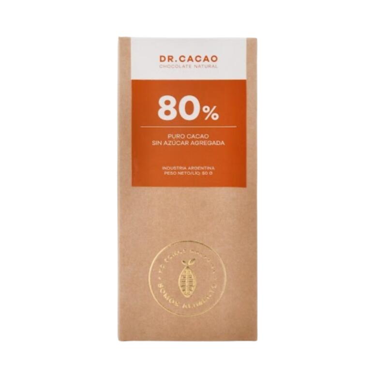 Tableta 80% puro Cacao sin Azucar agregada x 50g - Dr Cacao